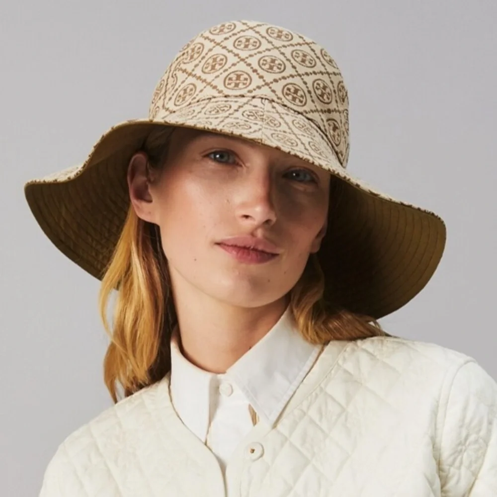 Tory Burch T Monogram Jacquard Reversible Bucket Hat Hazel Tan Brown Gold